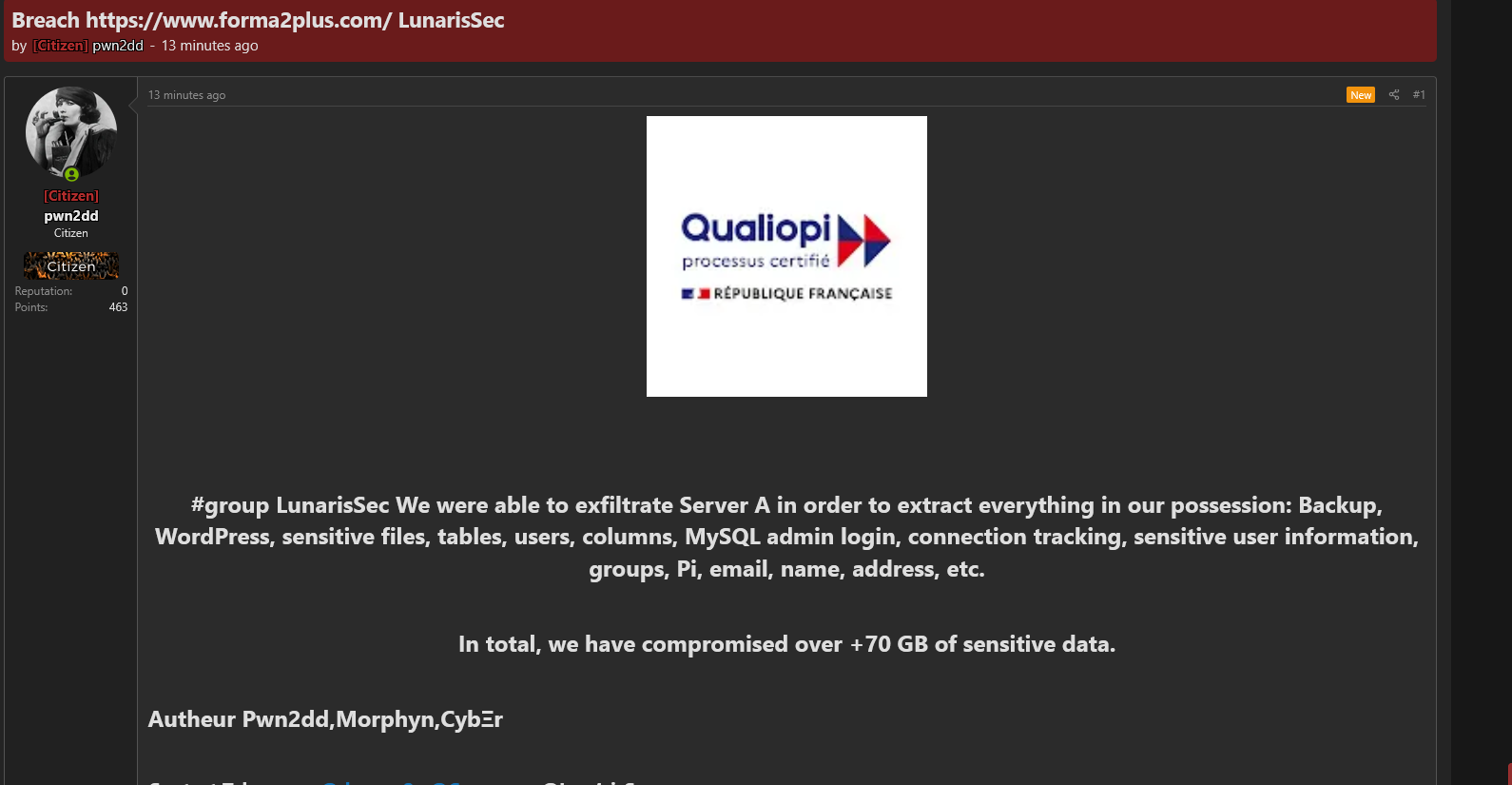 Alleged data breach of Forma 2+-xLab 威胁情报