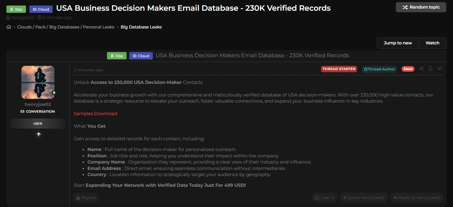 涉嫌出售美国商业决策者电子邮件数据库-xLab 威胁情报