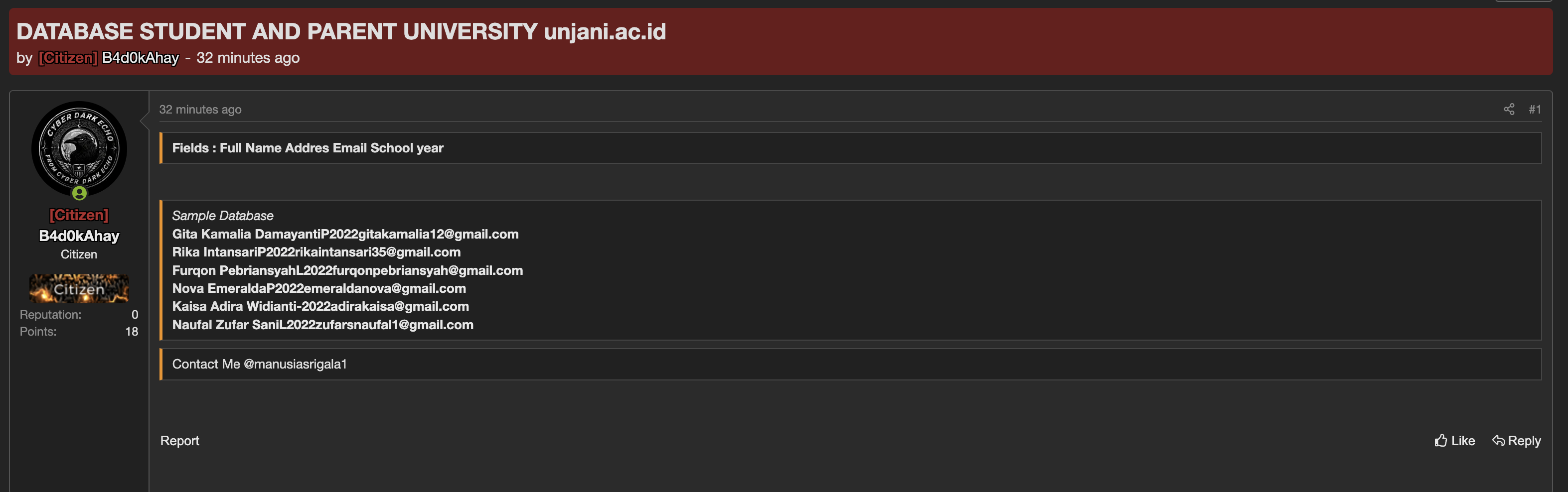 Alleged data breach of Universitas Jenderal Achmad Yani-xLab 威胁情报