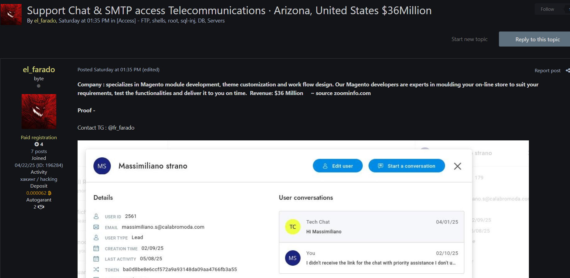 涉嫌向美国身份不明的电信公司出售未经授权的SMTP访问权限-xLab 威胁情报