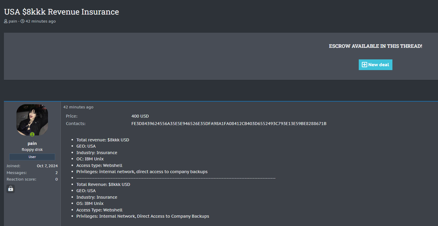 涉嫌向美国一个身份不明的insurance组织出售访问权限-xLab 威胁情报
