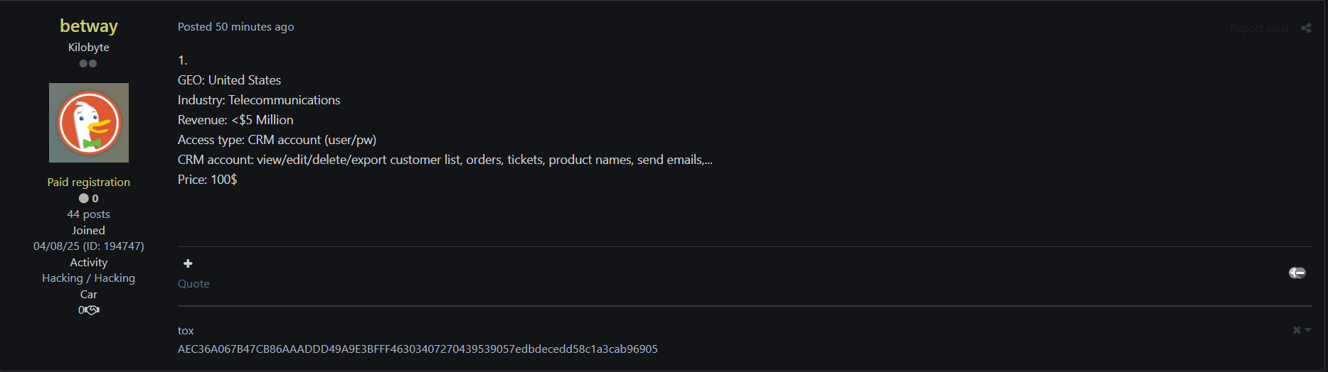 涉嫌向美国电信公司出售未经授权的CRM接入-xLab 威胁情报