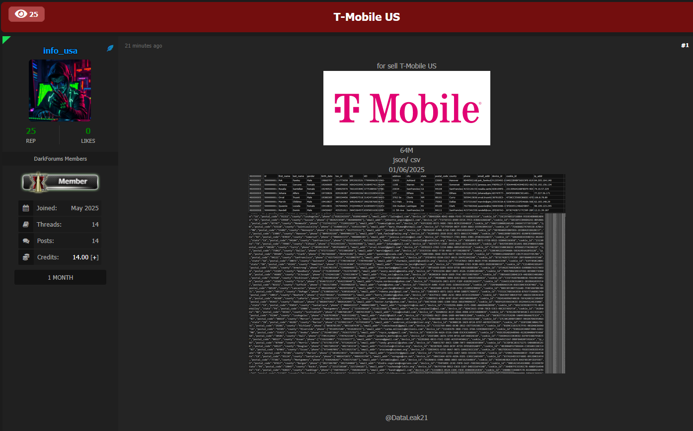 涉嫌出售T-Mobile美国客户数据库-xLab 威胁情报