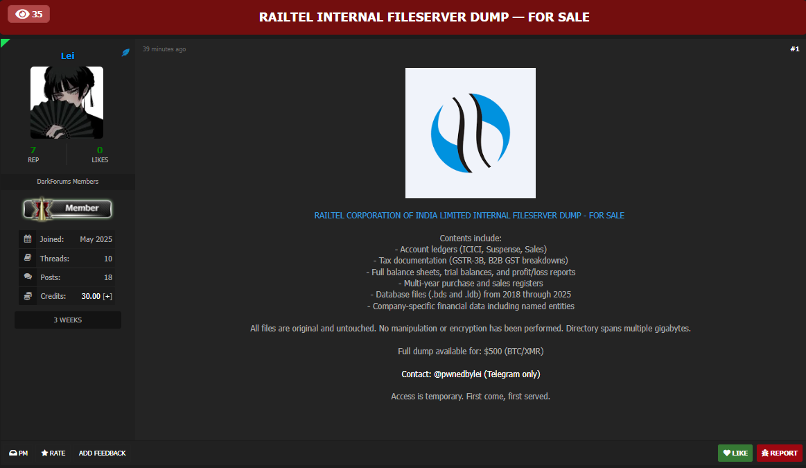 印度Railtel Corporation Ltd涉嫌出售数据-xLab 威胁情报