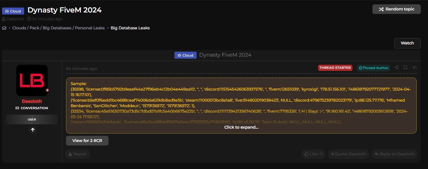 Dynasty FiveM服务器涉嫌数据库泄露-xLab 威胁情报