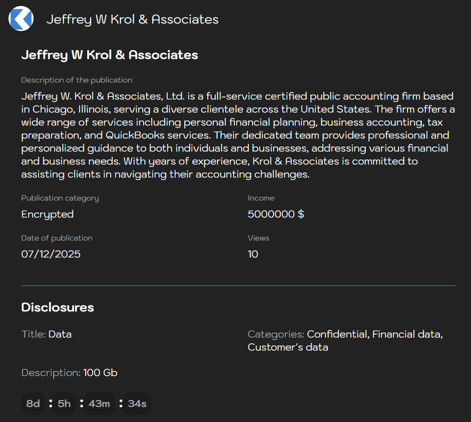 Jeffrey W.Krol&Associates，Ltd.成为Sinobi勒索软件的受害者-xLab 威胁情报