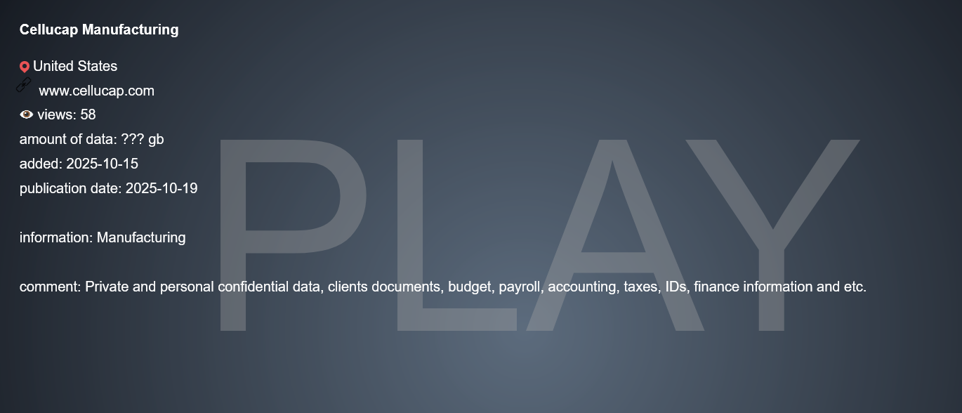 Cellucap Manufacturing成为PLAY勒索软件的受害者-xLab 威胁情报