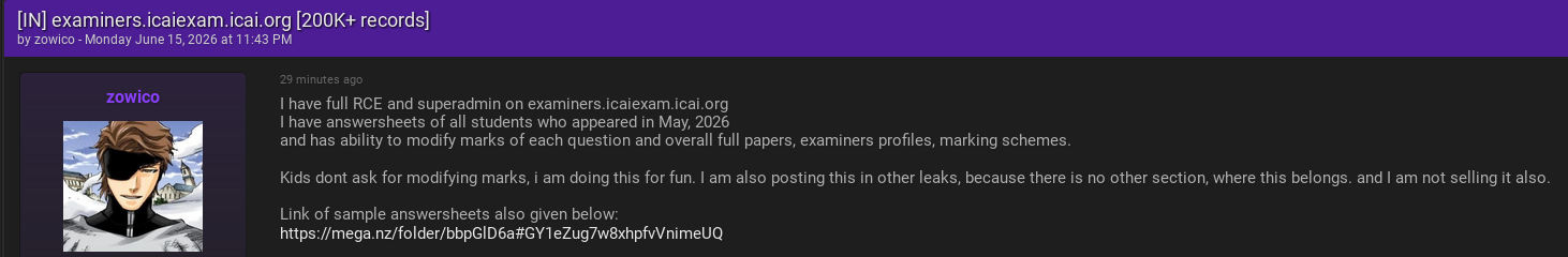 Alleged unauthorized access to The Institute of Chartered Accountants of India-xLab 威胁情报