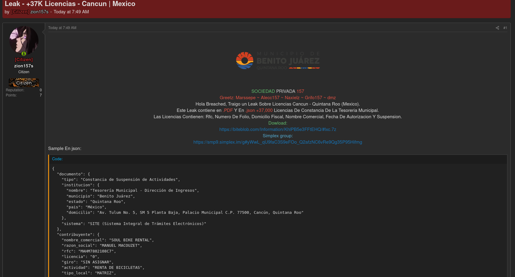 Alleged Data Breach of Municipal Business Licenses – Cancún, Mexico-xLab 威胁情报