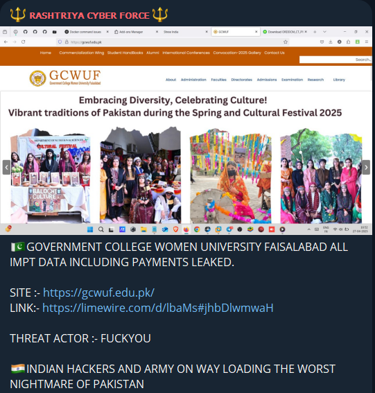 RASHTRIYA CYBER FORCE瞄准费萨拉巴德政府学院女子大学网站-xLab 威胁情报