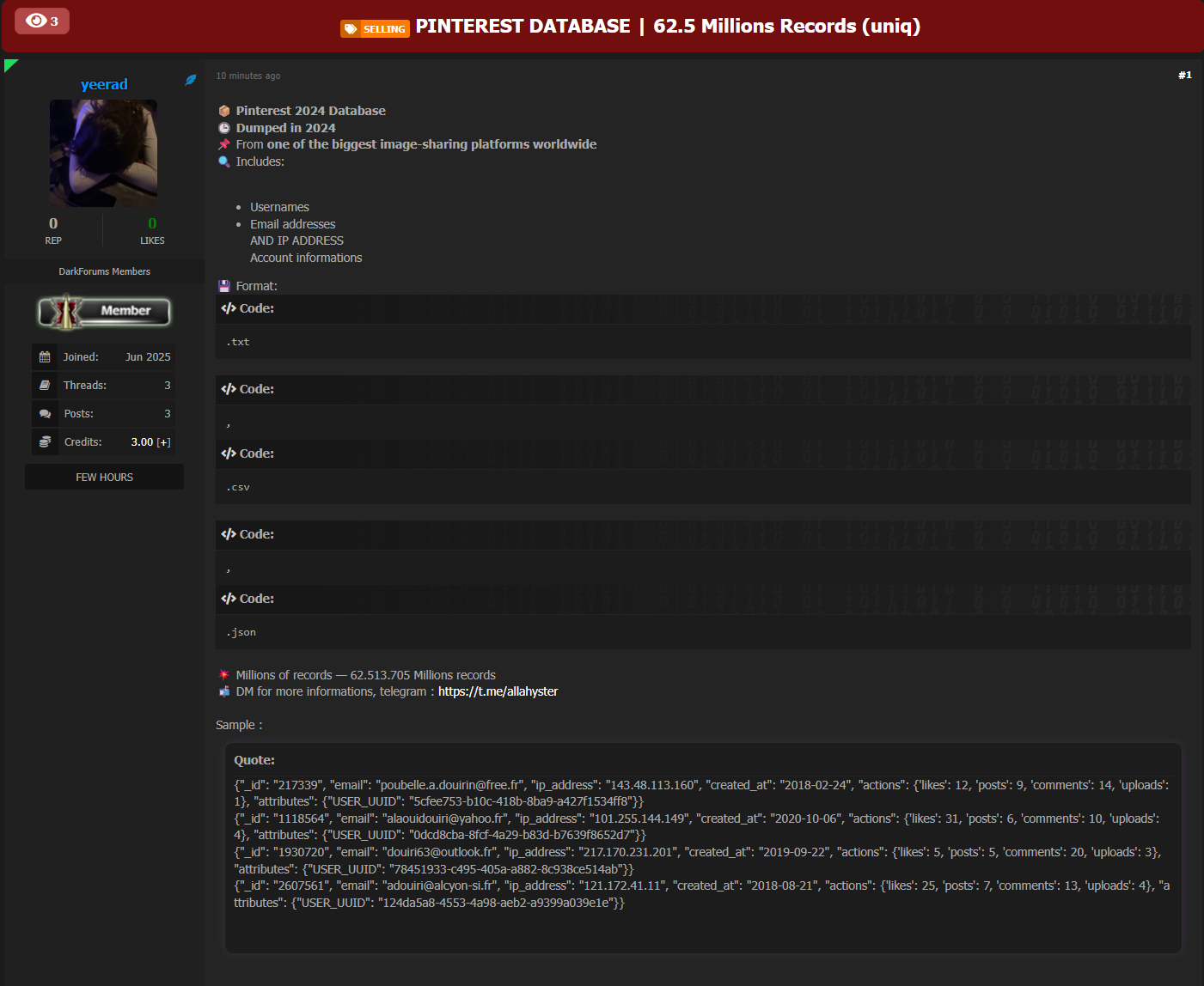 涉嫌数据库出售Pinterest user数据（2024年）-xLab 威胁情报