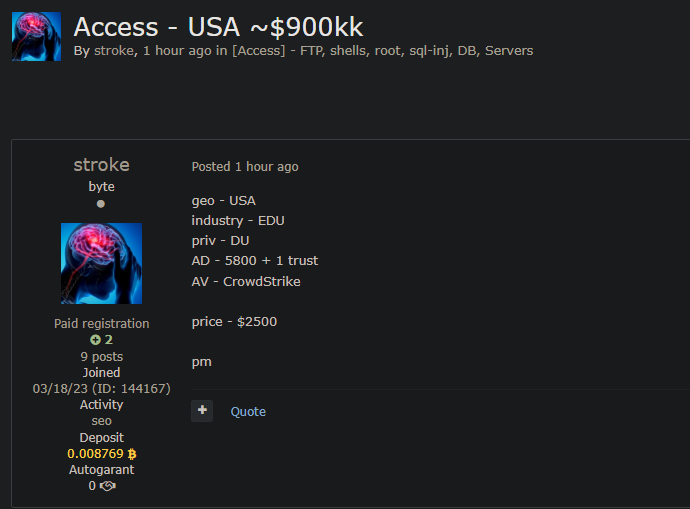 涉嫌向美国一家身份不明的教育机构出售未经授权的访问权限-xLab 威胁情报