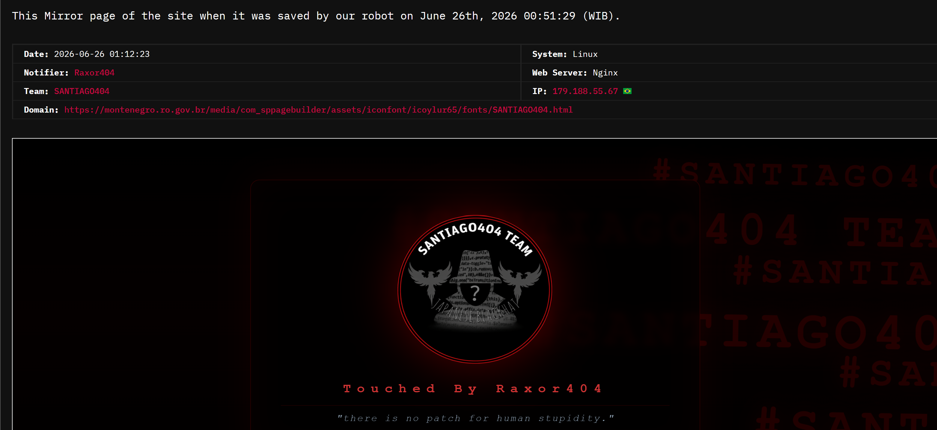Raxo404 targets the website of Municipal Government of Monte Negro, Rondônia-xLab 威胁情报