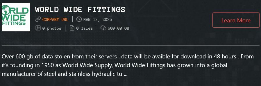 World Wide Fittings Inc成为Qilin勒索软件的受害者-xLab 威胁情报
