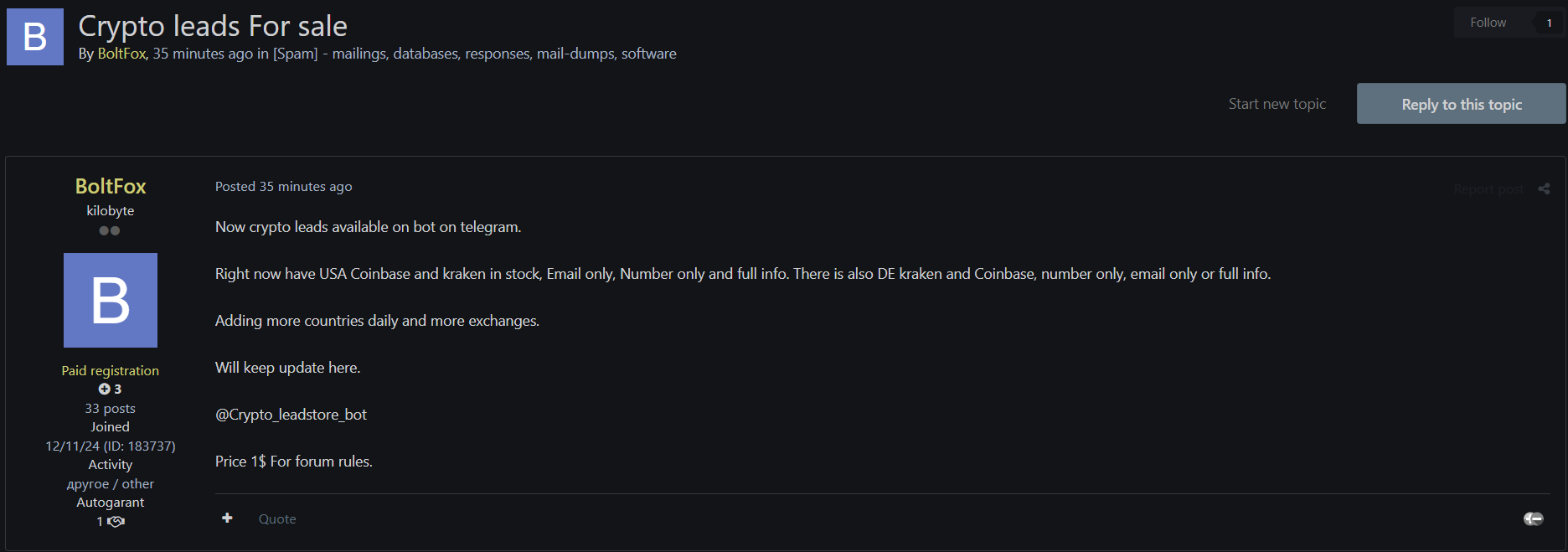 涉嫌出售来自美国和Germany的加密货币线索-xLab 威胁情报