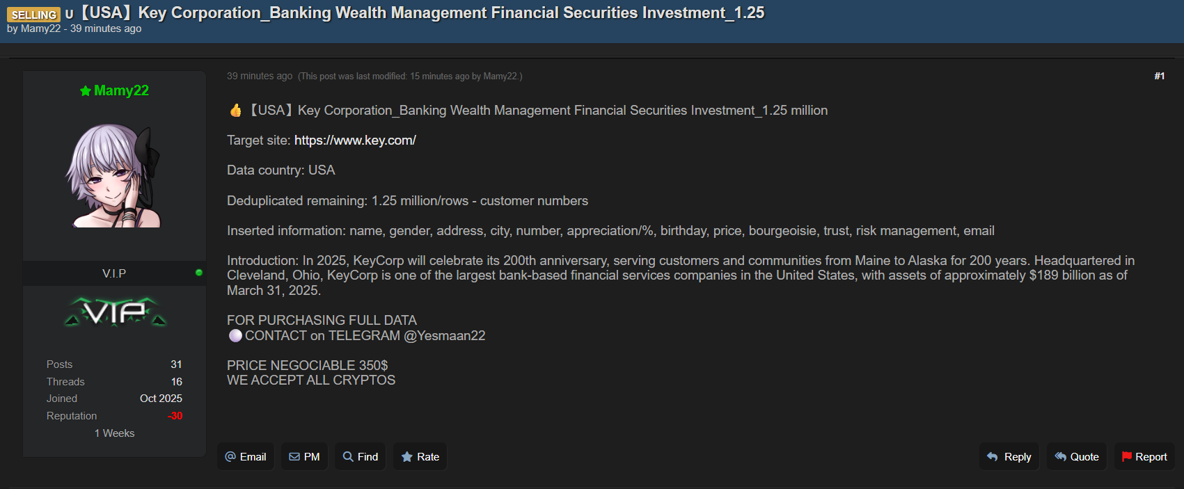 涉嫌出售KeyBank数据-xLab 威胁情报