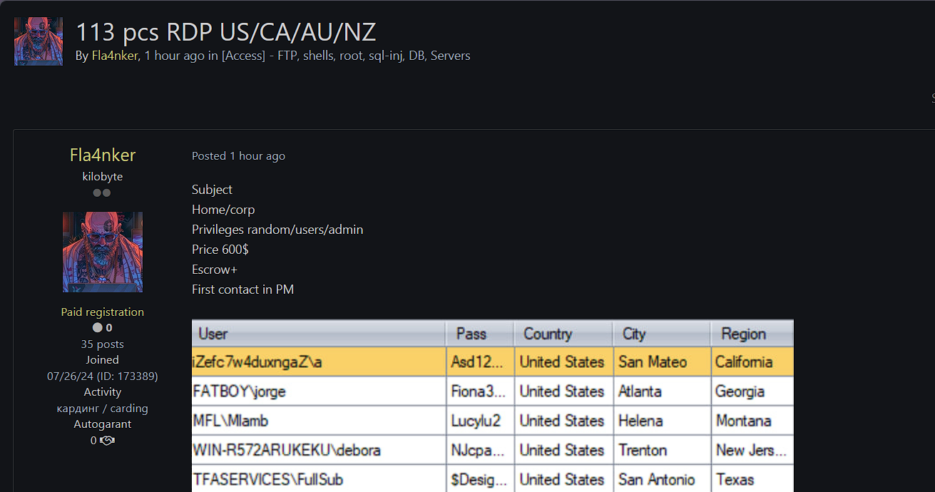涉嫌向多个国家的组织出售未经授权的RDP访问权限-xLab 威胁情报