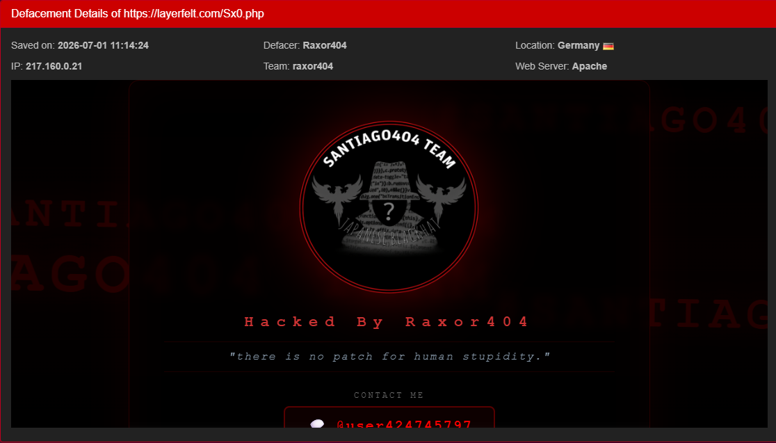 Raxor404 targets the website of LayerFelt-xLab 威胁情报