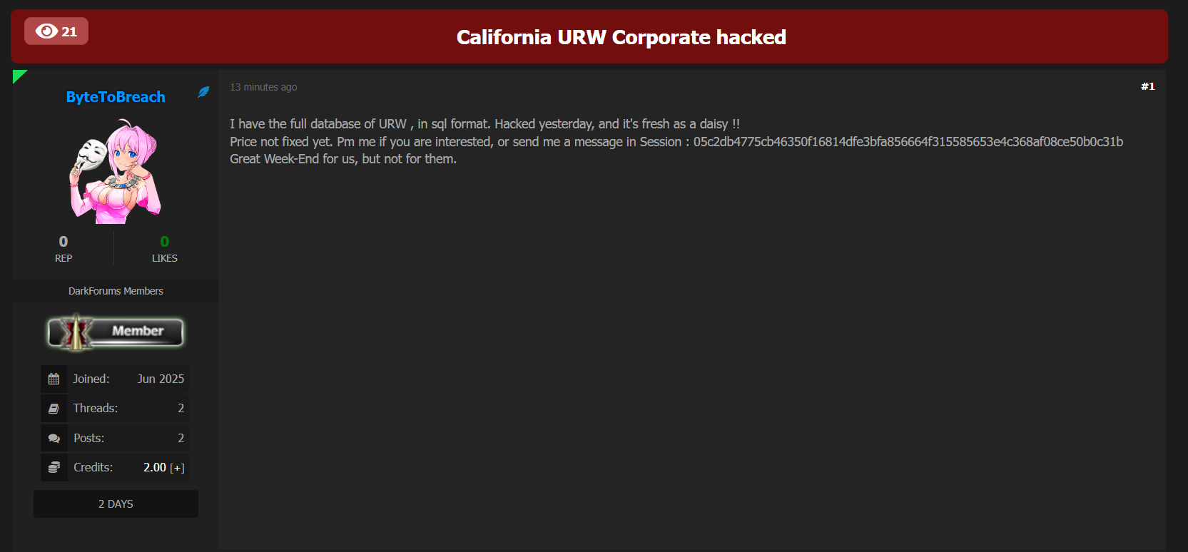 Unibail-Rodamco-Westfield U.S.涉嫌数据外泄。-xLab 威胁情报