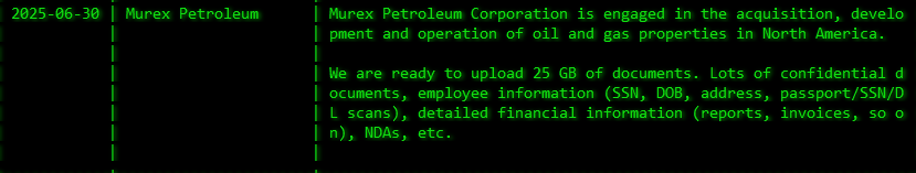 Murex石油公司成为akira勒索软件的受害者-xLab 威胁情报