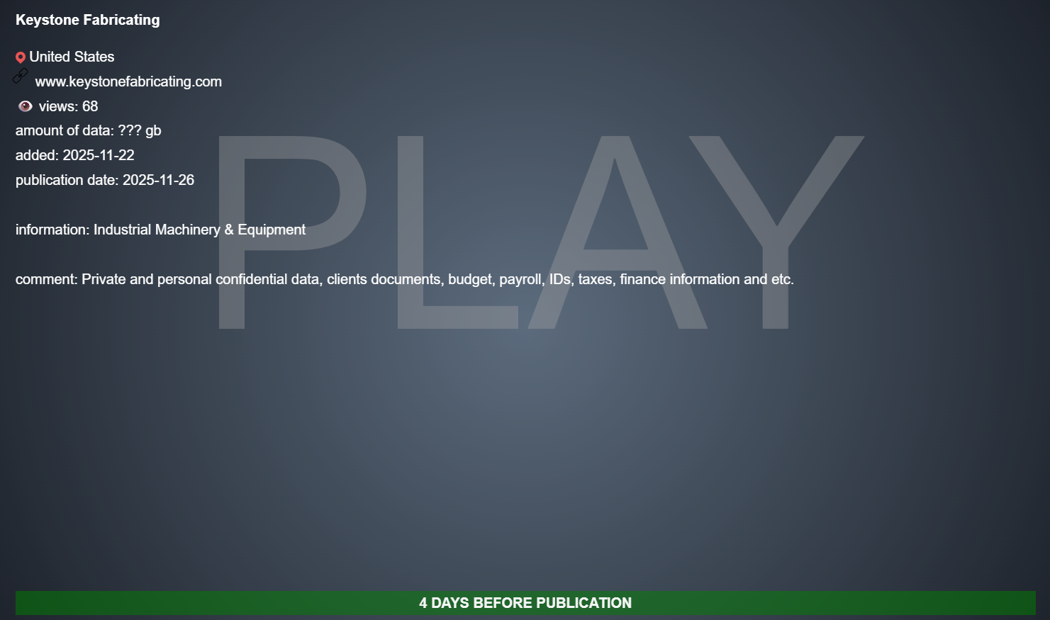 Keystone Fabricating Inc成为PLAY勒索软件的受害者-xLab 威胁情报