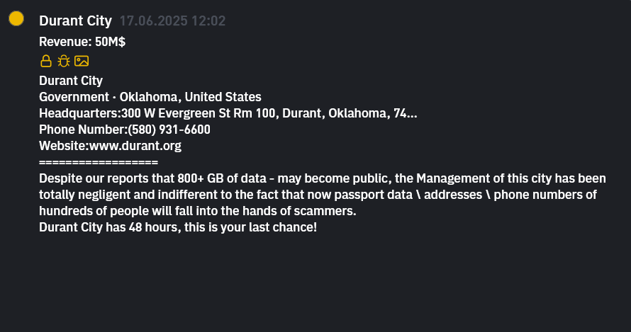 杜兰特城成为INC RANSOM勒索软件的受害者-xLab 威胁情报