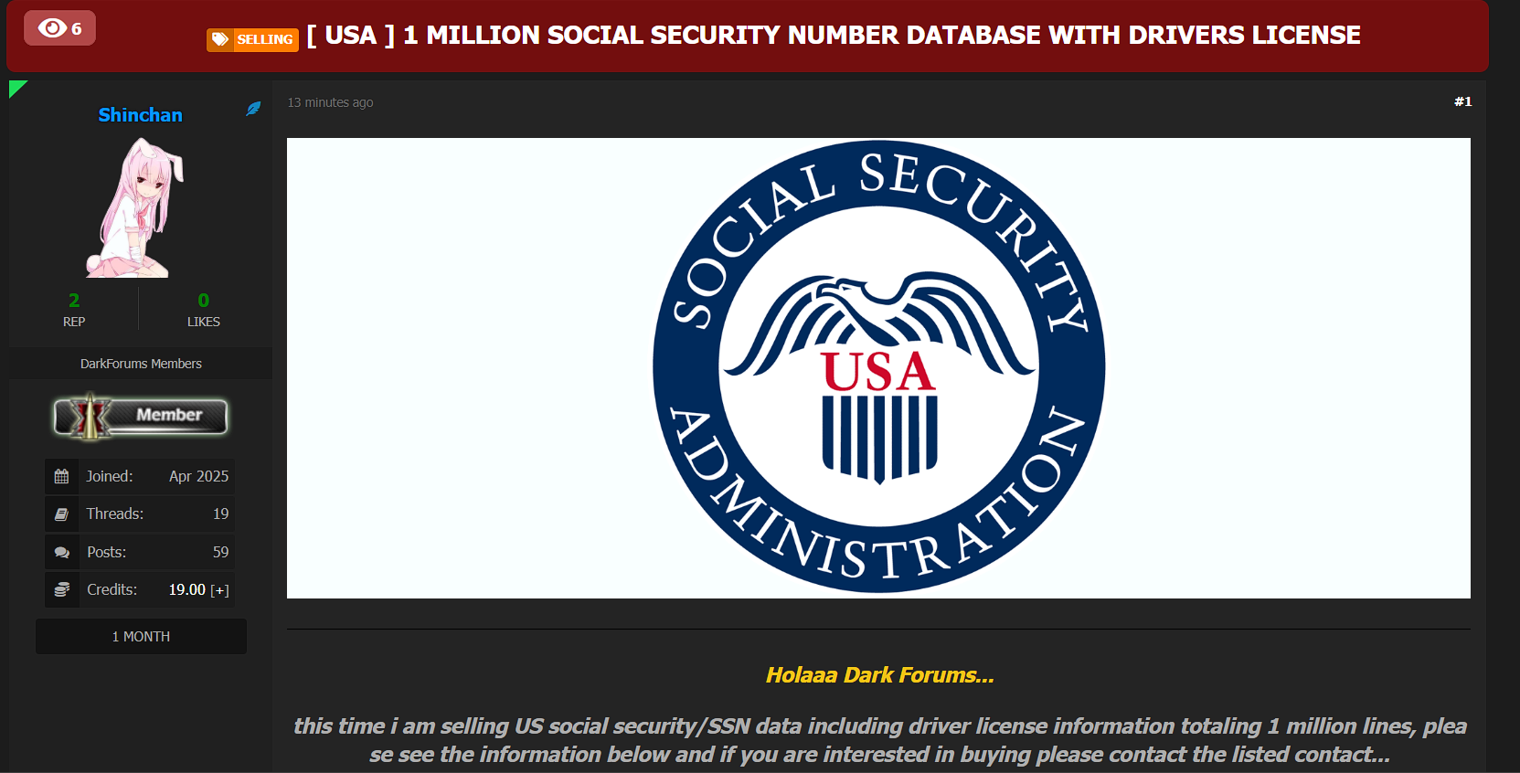 涉嫌出售带有美国驾驶执照的SSN数据库-xLab 威胁情报