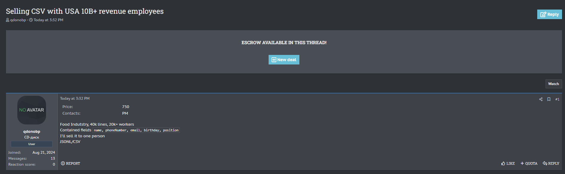 涉嫌出售身份不明的美国食品行业的数据-xLab 威胁情报