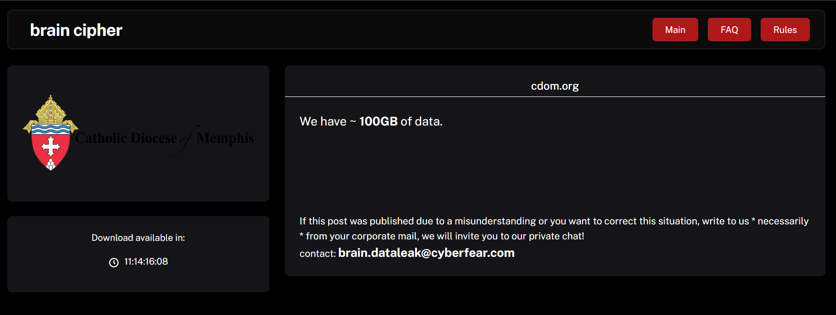 孟菲斯天主教教区成为Brain Cipher勒索软件的受害者-xLab 威胁情报