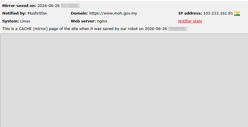 Mushr00w targets the website of Ministry of Health Malaysia-xLab 威胁情报