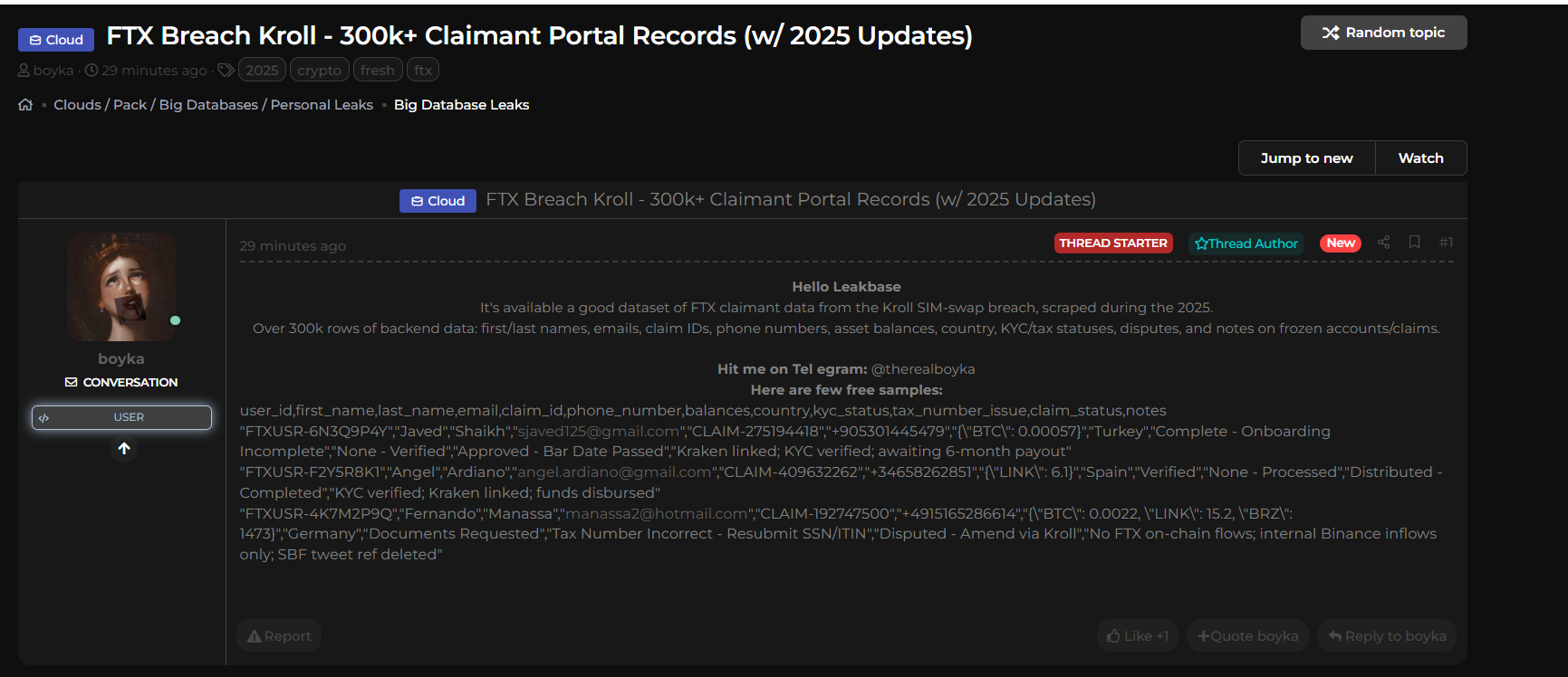 涉嫌出售FTX索赔数据库2025-xLab 威胁情报