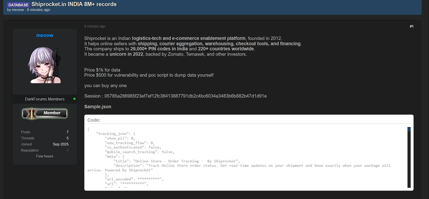 涉嫌出售Shiprocket数据-xLab 威胁情报