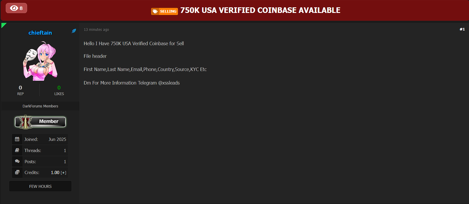 涉嫌从美国出售75万Coinbase数据-xLab 威胁情报