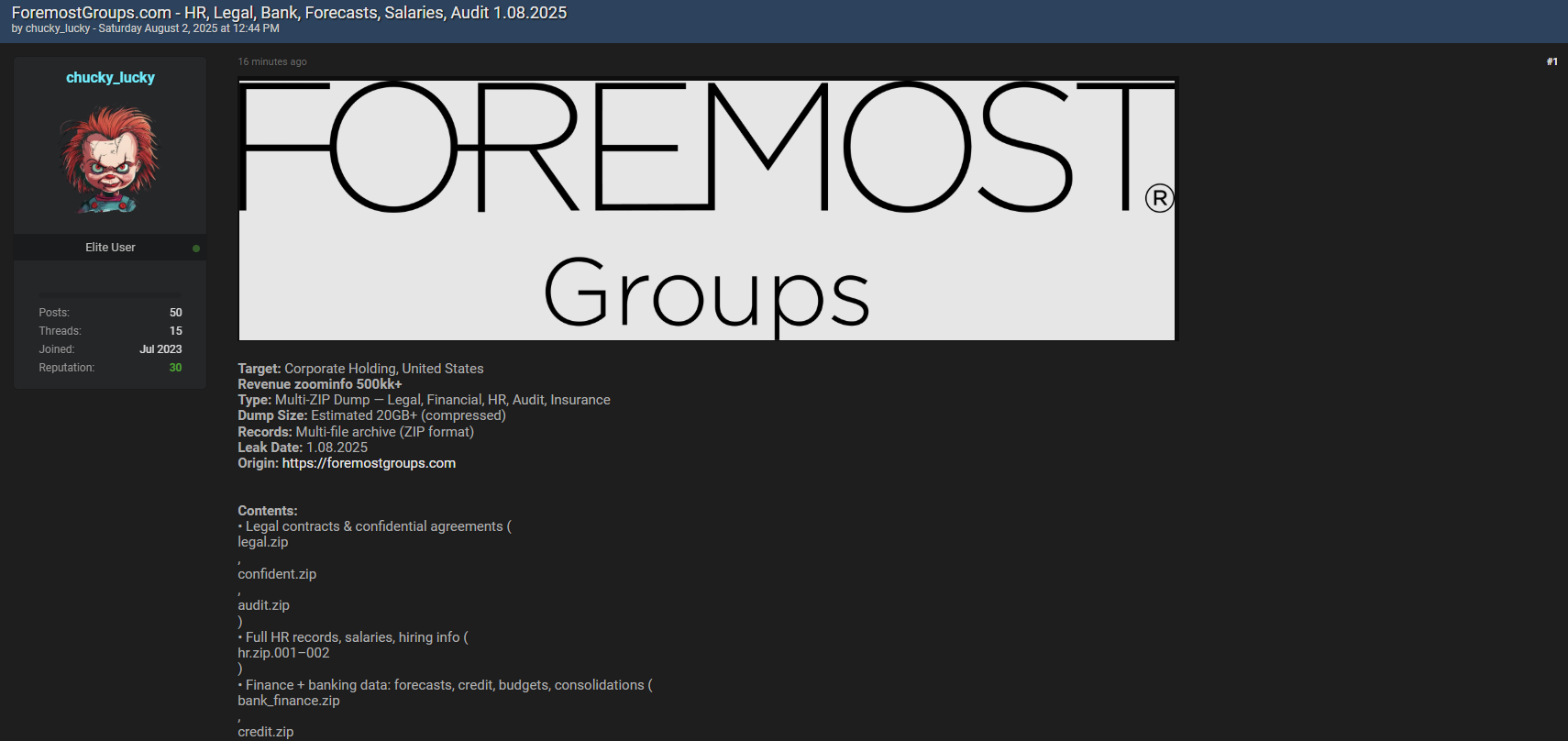 福茂集团有限公司涉嫌数据泄露。-xLab 威胁情报