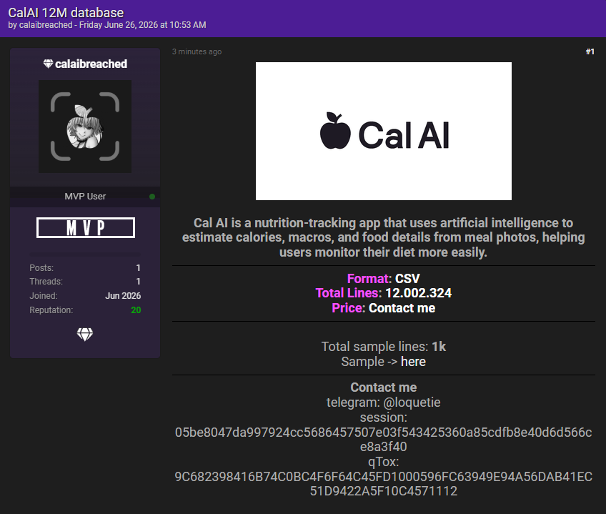 Alleged data breach of Cal AI-xLab 威胁情报