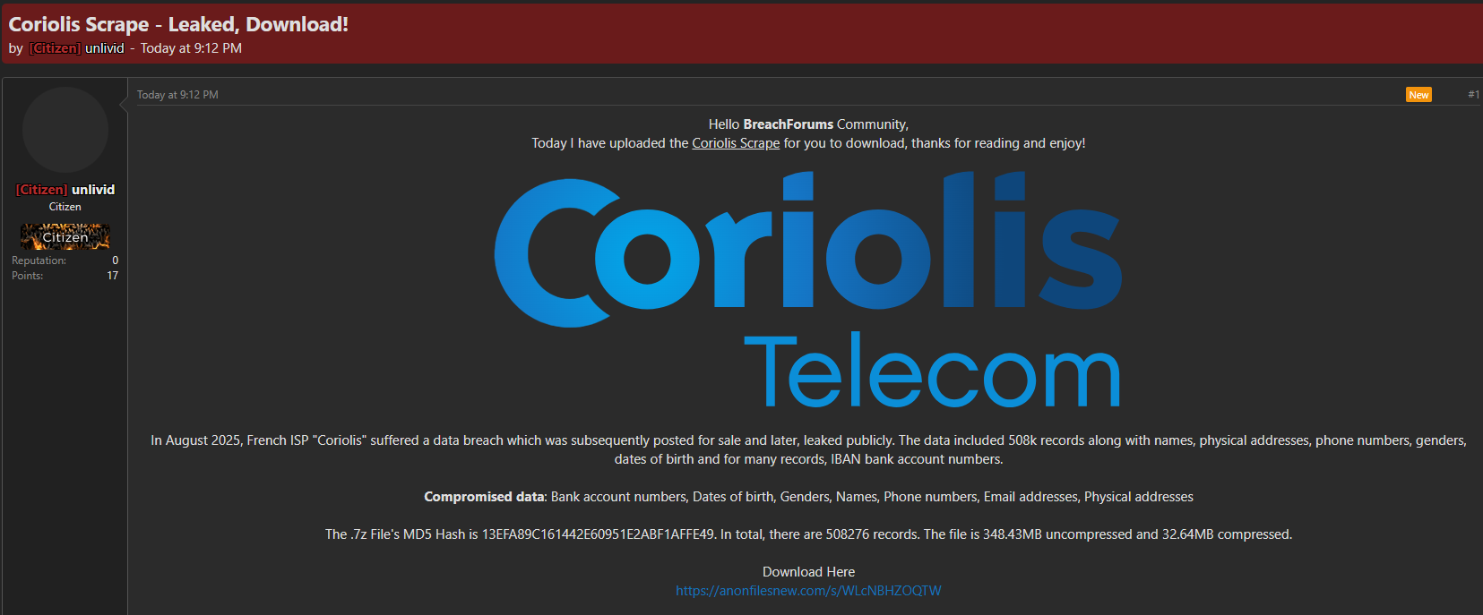 Alleged data breach of Coriolis-xLab 威胁情报