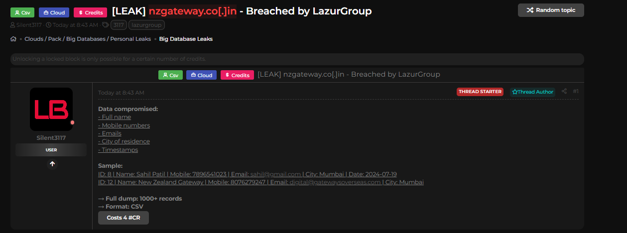 新西兰网关印度涉嫌出售数据-xLab 威胁情报