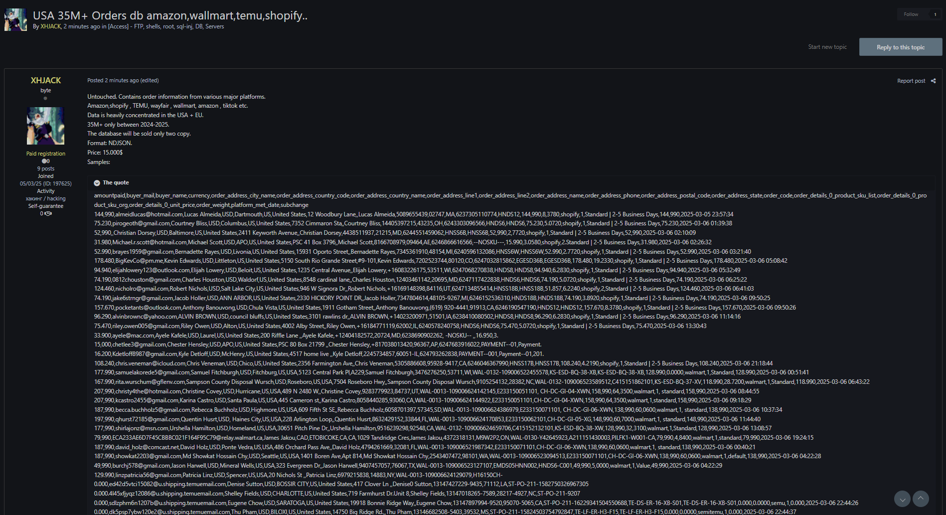 涉嫌从在线购物平台出售美国客户数据-xLab 威胁情报