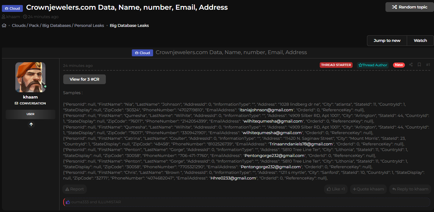 皇冠珠宝商涉嫌数据库泄露-xLab 威胁情报