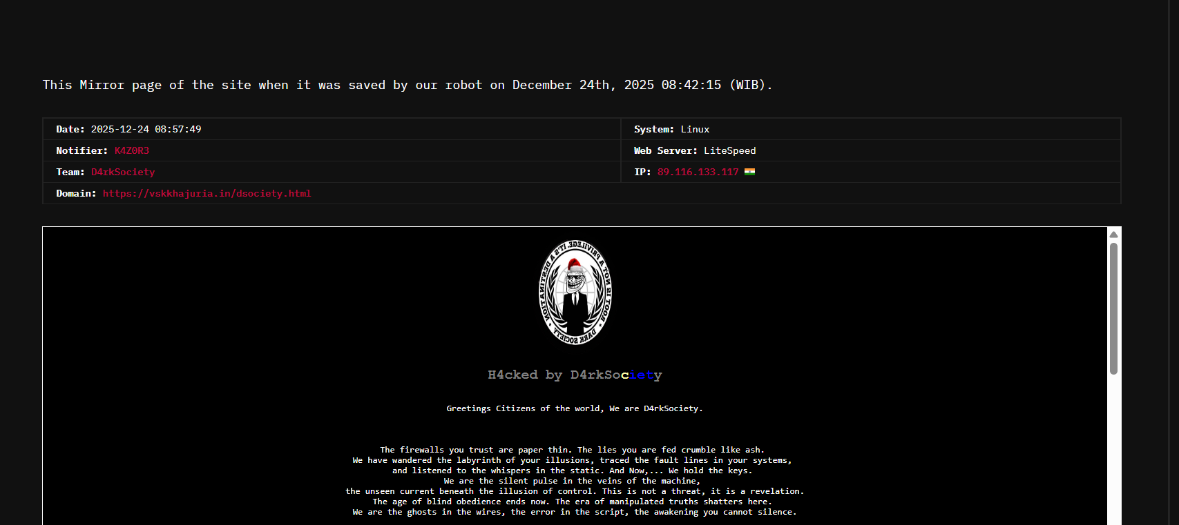 D4rkSociety针对V.S.K.的网站。Khajuria-xLab 威胁情报