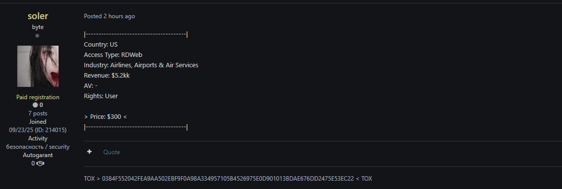 涉嫌向美国一家身份不明的航空公司出售RDWeb访问权限-xLab 威胁情报