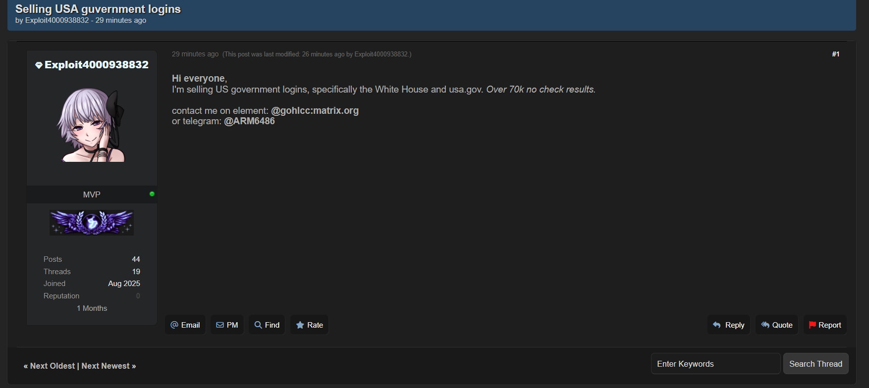 涉嫌出售与美国政府域名相关的登录凭证-xLab 威胁情报