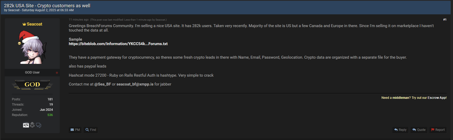 涉嫌向美国一家身份不明的加密货币网站出售数据-xLab 威胁情报