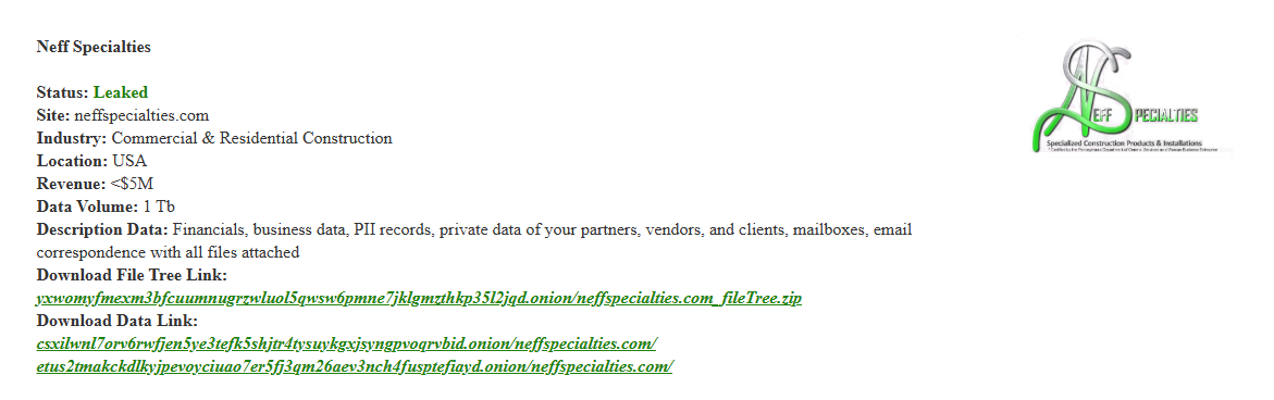 Neff Specialties成为PEAR勒索软件的受害者-xLab 威胁情报