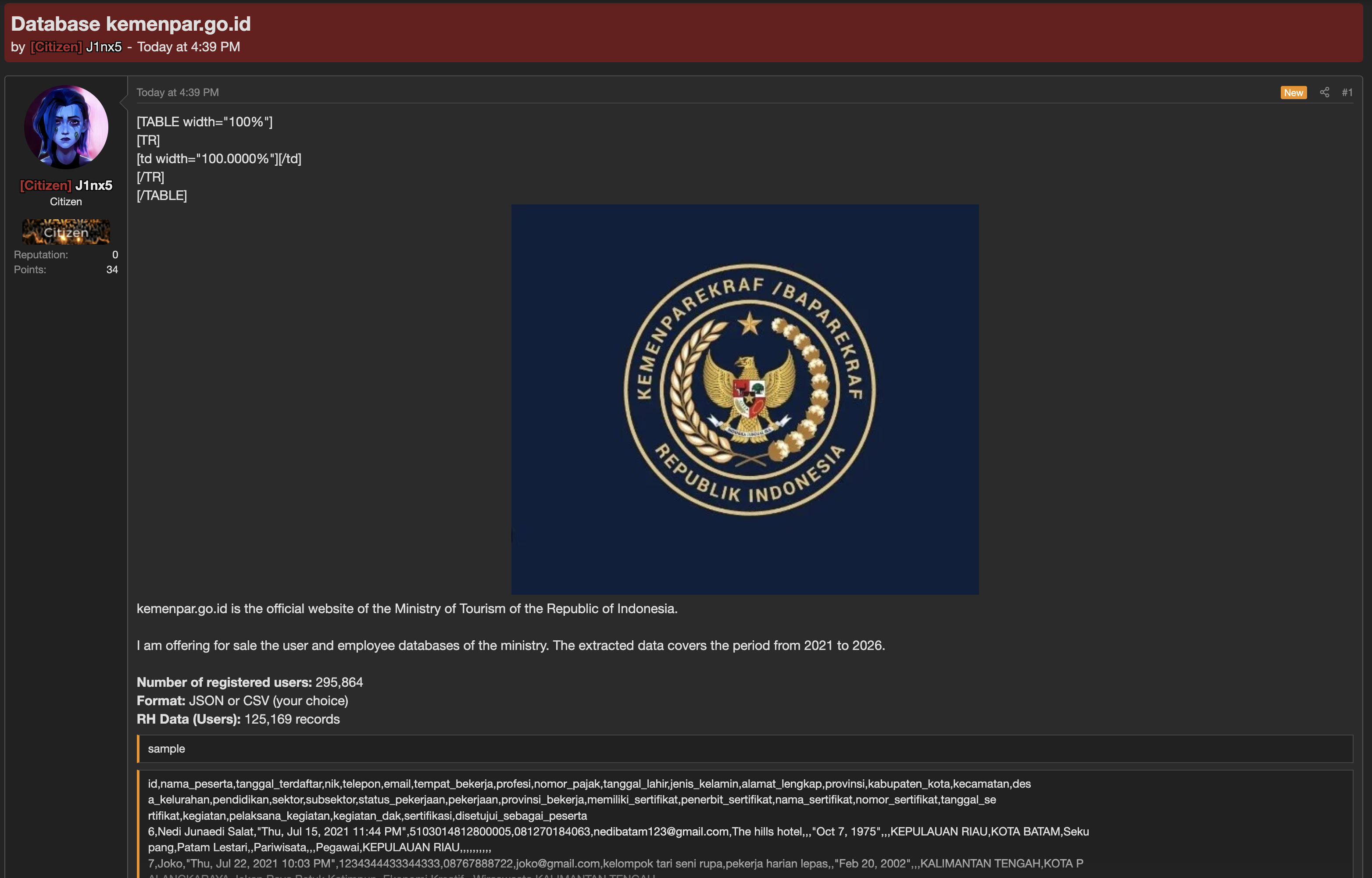 Alleged data breach of Ministry of Tourism of the Republic of Indonesia-xLab 威胁情报
