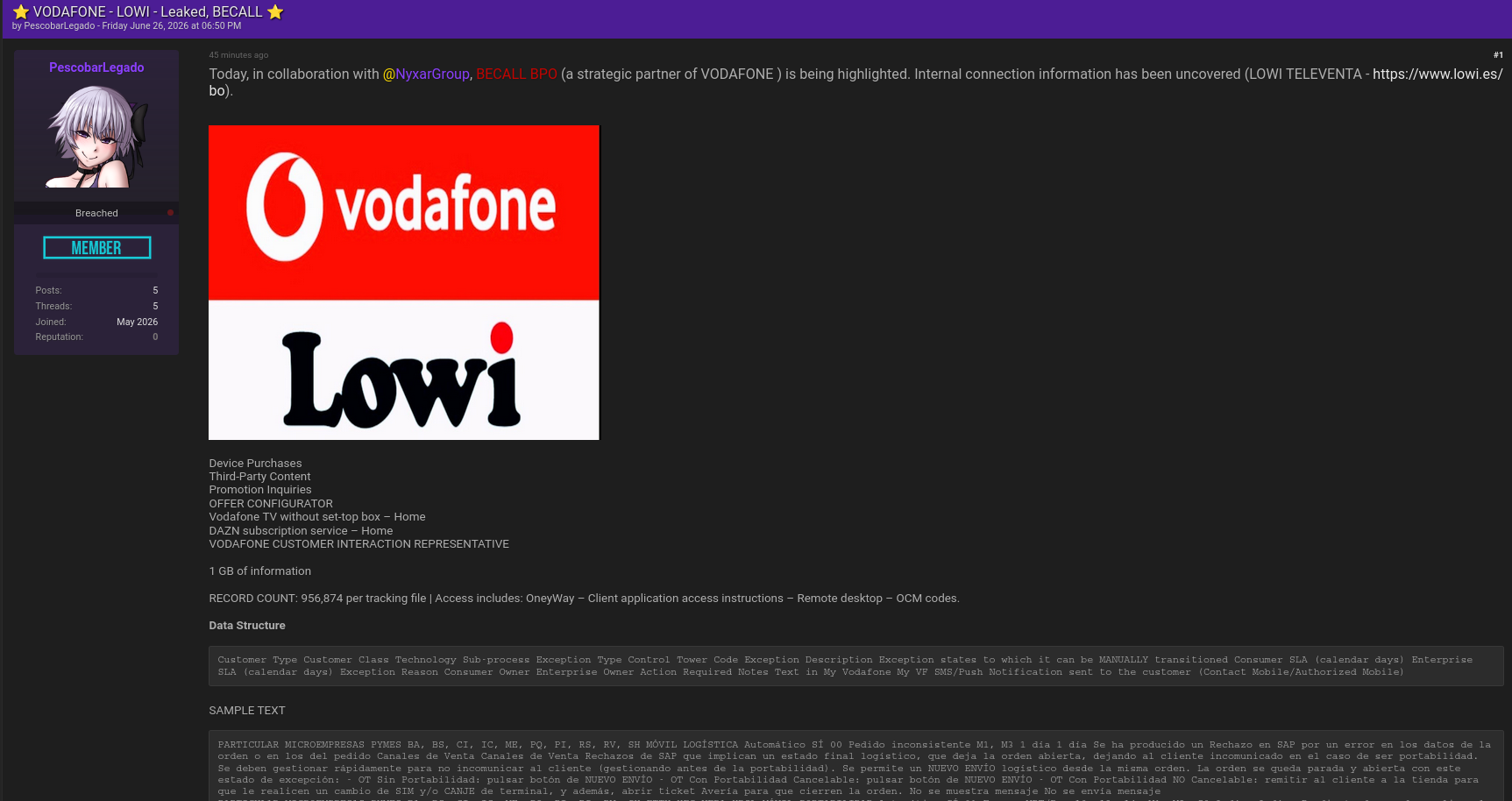Alleged data breach of Vodafone España, LOWI, and BECALL BPO-xLab 威胁情报