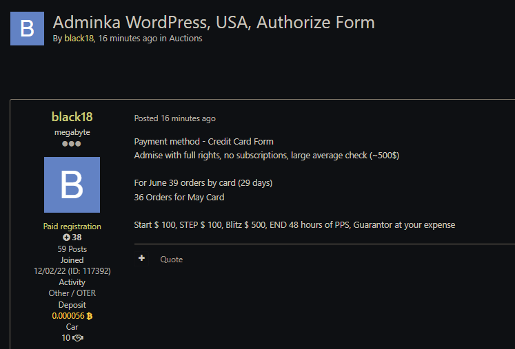 涉嫌出售未经授权的Admin访问美国WordPress在线商店-xLab 威胁情报