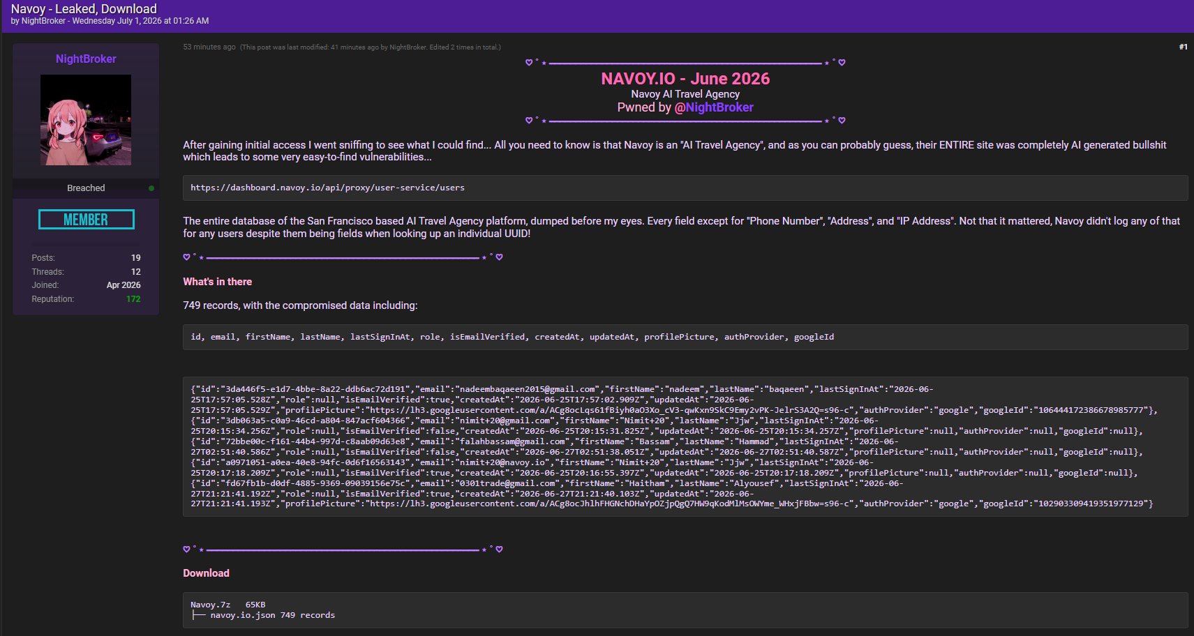 Alleged data breach of Navoy-xLab 威胁情报