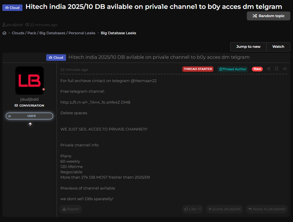 Hitech India涉嫌数据泄露-xLab 威胁情报