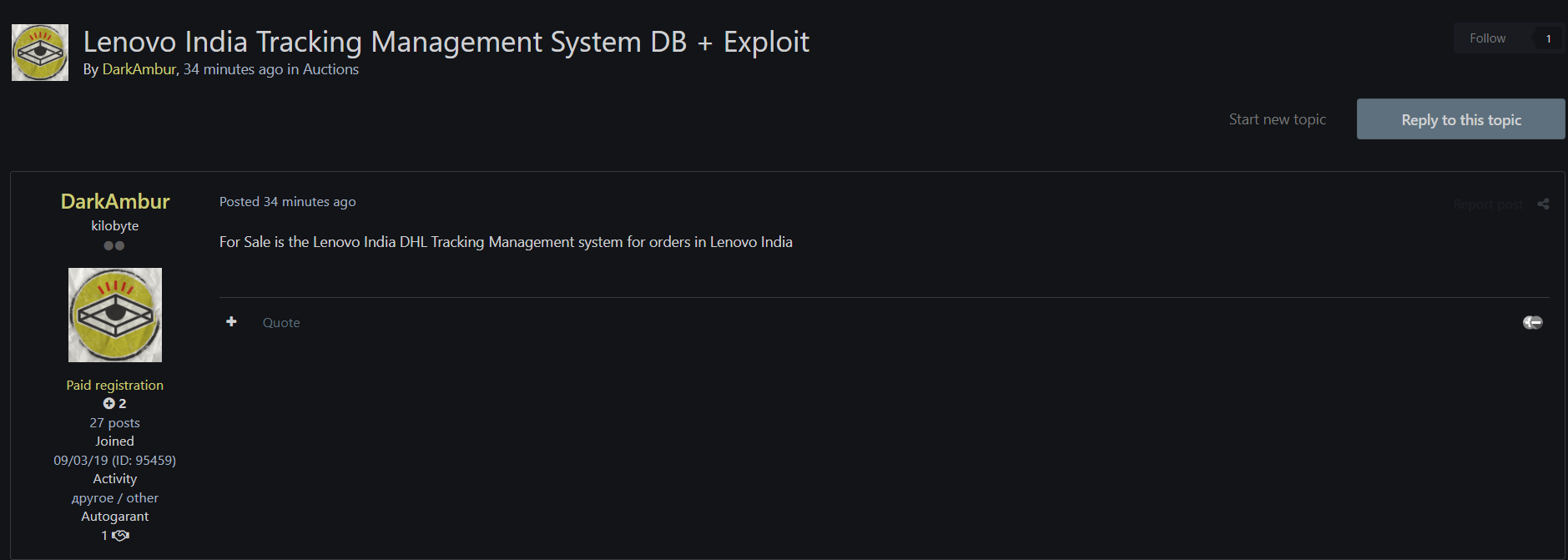 涉嫌出售Lenovo印度跟踪管理System数据库-xLab 威胁情报